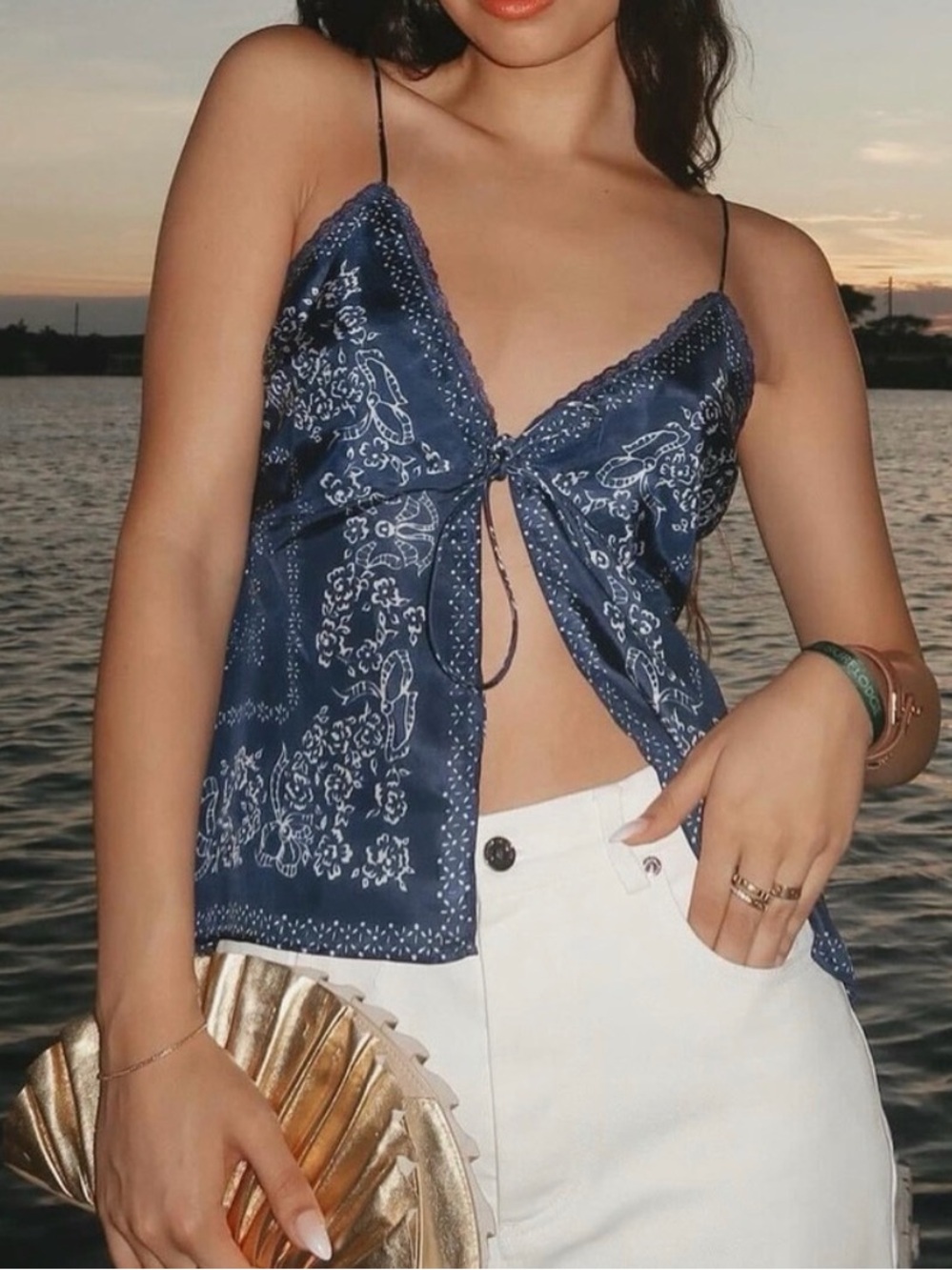 LoveShackFancy Navy Bandana-Print Tie-Front Cami